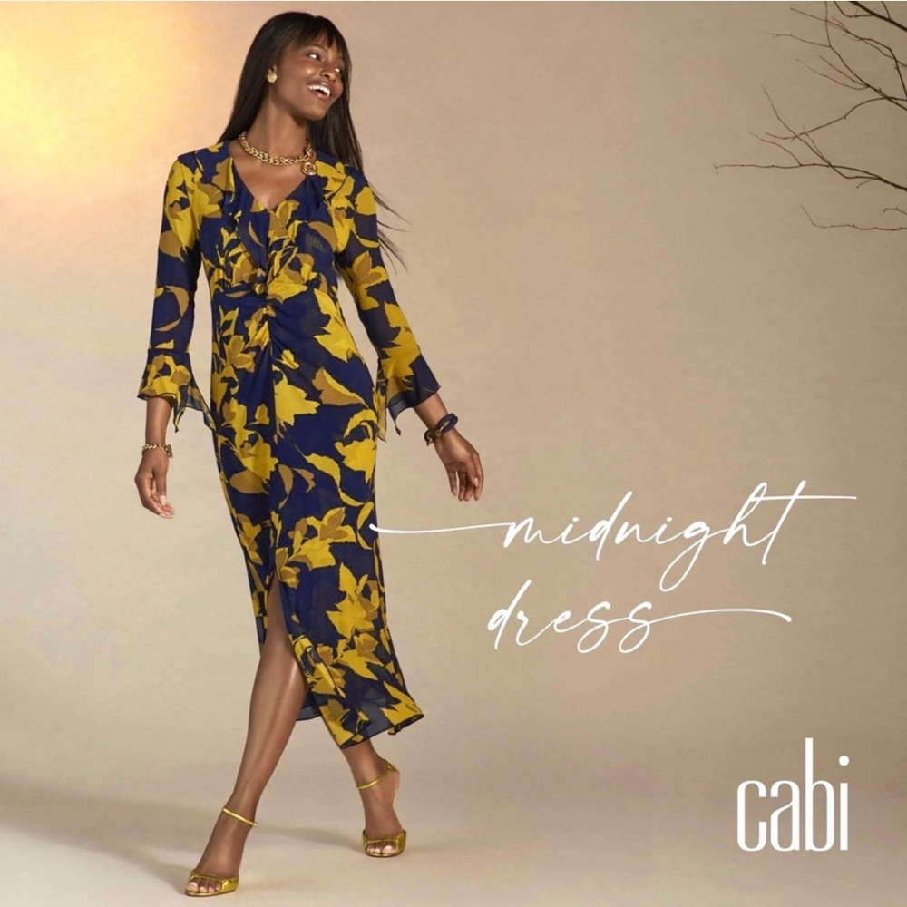 CAbi Midnight Floral Twist Midi Dress - Navy & Mustard